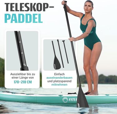 Надувний SUP Борд Fitleap Premium Stand Up Paddle Board - Комплект з насосом, веслом та рюкзаком. Ідеально для початківців та професіоналів, для йоги, серфінгу та водного спорту. (Зелений в смужку, 1 особа)