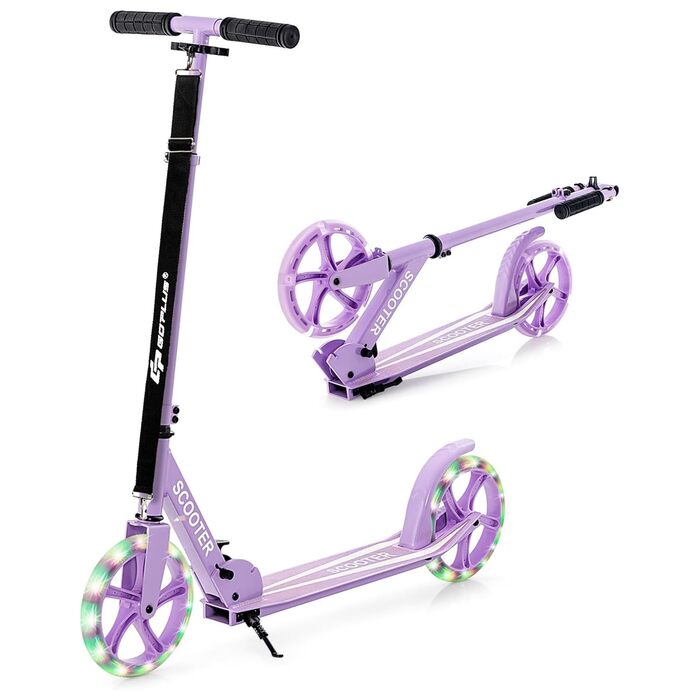 Дитячий трюковий самокат GOPLUS Roller Kinder 10 років, 3-ступенева регулювання висоти, легкий алюмінієвий, складний, з LED-колесами, гальмом на задньому колесі, ременем та підставкою, до 100 кг (фіолетовий)