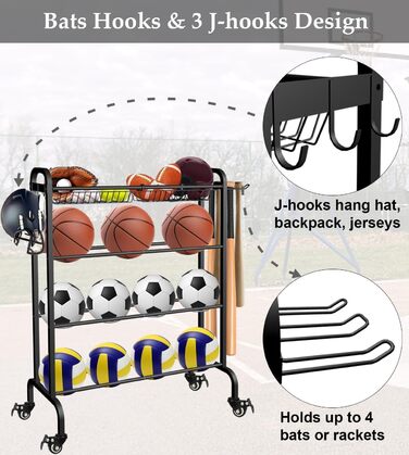 Стійка для м'ячів на колесах, 4-ярусна: баскетбол, футбол, волейбол, чорна