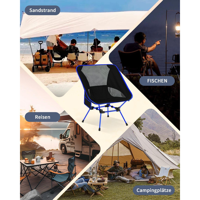 Складний туристичний стілець для кемпінгу з сіткою та кишенями, вантажопідйомність 150 кг, ультралегкий, для подорожей, пікніків, риболовлі (Оранжевий, Синьо-чорний)