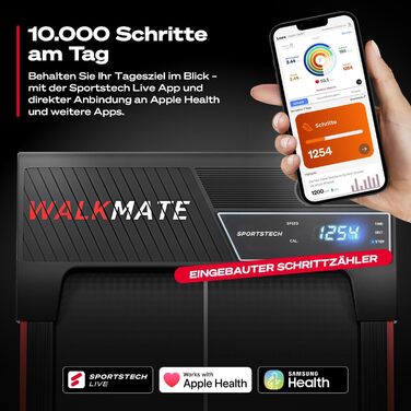 Тренажер для ходьби Sportstech WalkMate - біговий килимок для дому з нахилом до 9%, швидкість 1-6 км/год, з підключенням до додатку, для дому та офісу, з лічильником кроків, легкий та компактний, з транспортувальними роликами, до 120 кг, сірий колір