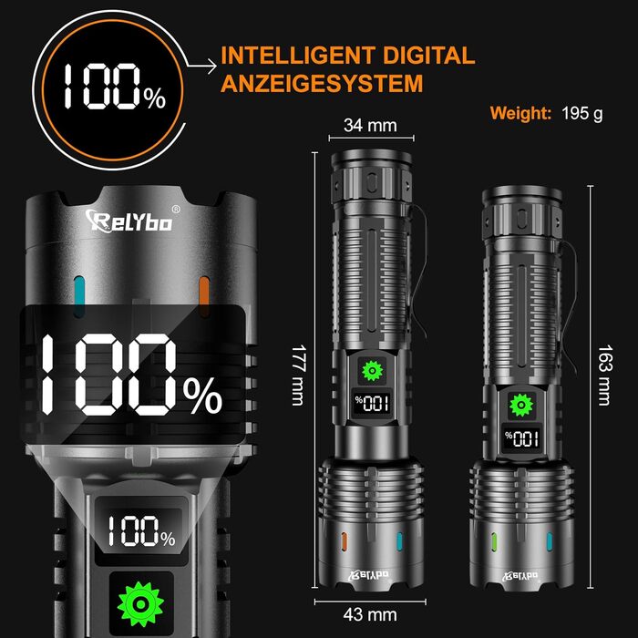 Ліхтар тактичний Relybo LED, 1000000 люмен, USB, 5 режимів, з чохлом, чорний