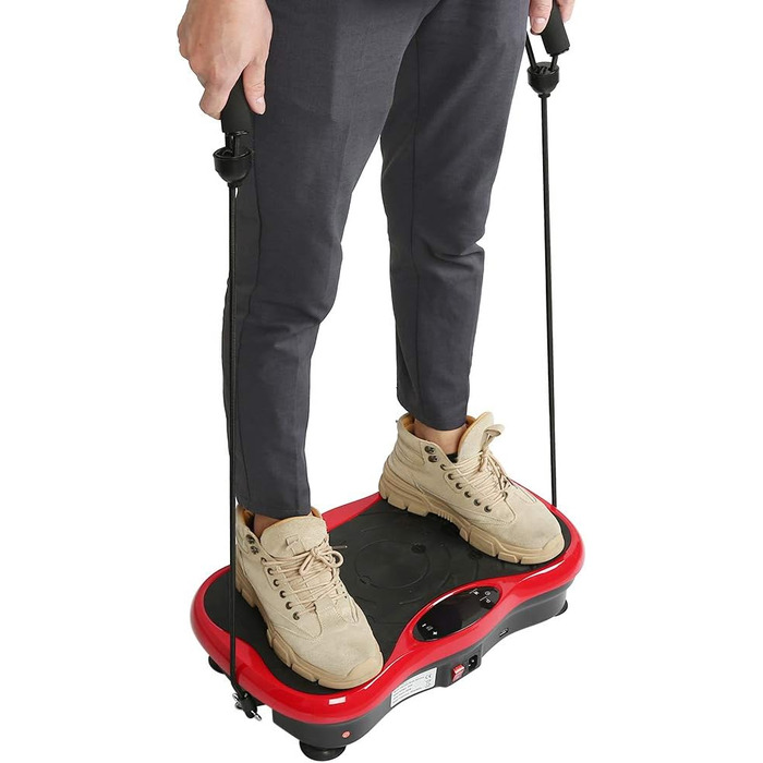 Вібраційна платформа для фітнесу з LCD-дисплеєм, пультом ДУ, 2 еластичними стрічками та Bluetooth-динаміком (чорний/білий, чорний/червоний)