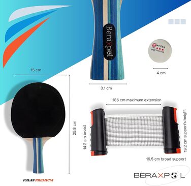 BERAXPOL Набір для настільного тенісу Premium, портативний, все в одному | М'ячики, сітка, сумка | Для сім'ї, подарунок