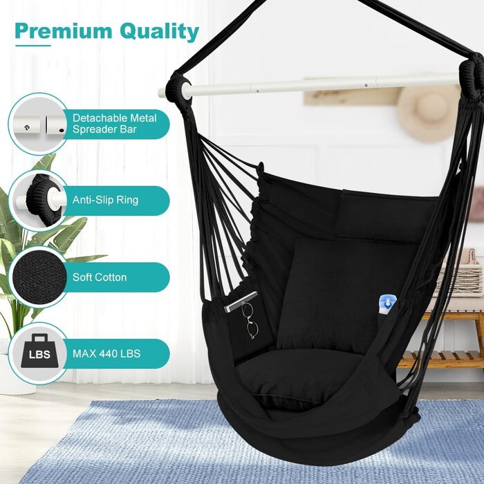 Гамак для кемпінгу Outerman 275 x 155 см, міцний, на 250 кг, з антиковзними балки та ремені, для відпочинку на природі, пляжі, дворі (Чорний)