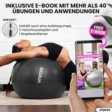 Фітбол Unycos 55/65/75 см: фітбол для йоги, фітнесу, балансу, пілатесу | З насосом, без BPA, антивибуховий | Зелений (#10), Сірий (#12)