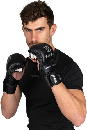 Рукавички для MMA Sanabul Essential 7oz | Тренувальні гібридні рукавички для спарингу (Чорно-срібні, S/M)