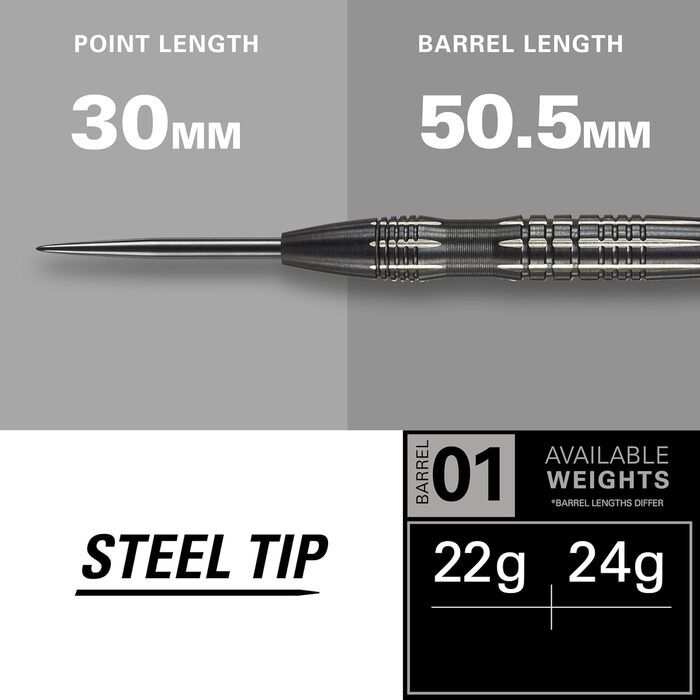 Дартси Target Phil Taylor Power 8-Zero 1, 80% вольфрам, 21/23/25 г, сталевий наконечник, чорні, з кейсом