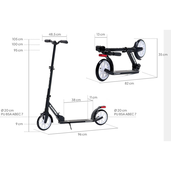Самокат міський BLACKWHEELS Zoom City-Scooter 200мм, алюмінієвий, з амортизатором, складаний, регульований кермо, чорно-білий