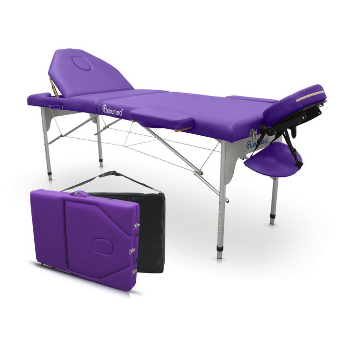 Масажний стіл Quirmed Pro з алюмінію, 186 x 66 см, з регульованою спинкою, фіолетовий, штучна шкіра, отвір для обличчя, знімний підголівник, регульована висота, 2 секції, до 150 кг