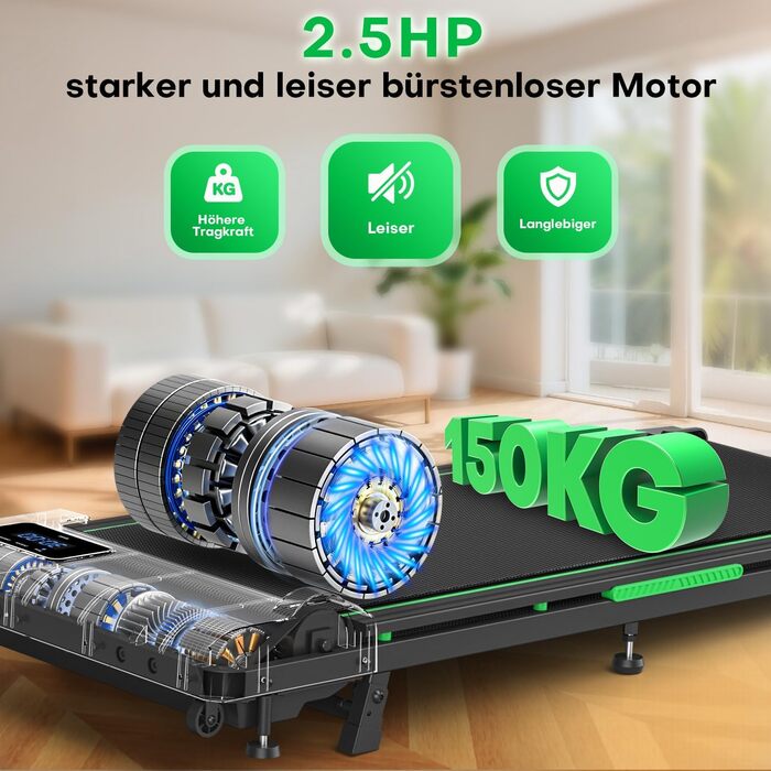 Walking Pad - біговий доріжки для дому з регулюванням нахилу до 9%, потужність 2.5HP, LED-дисплей, пульт дистанційного керування, 12 програм, подвійне амортизація, до 150 кг, чорно-зелений