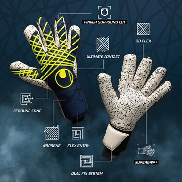 Воротарські рукавички Uhlsport Prediction Supergrip+ Finger Surround для дітей та дорослих, розмір 7, сині/білі/флуо-жовті, футбольні