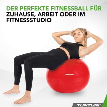 Фітнес-м'яч Tunturi Anti-Burst з насосом, 65 см - для йоги, пілатесу, вагітності, 220 кг, з тренувальним додатком, червоний