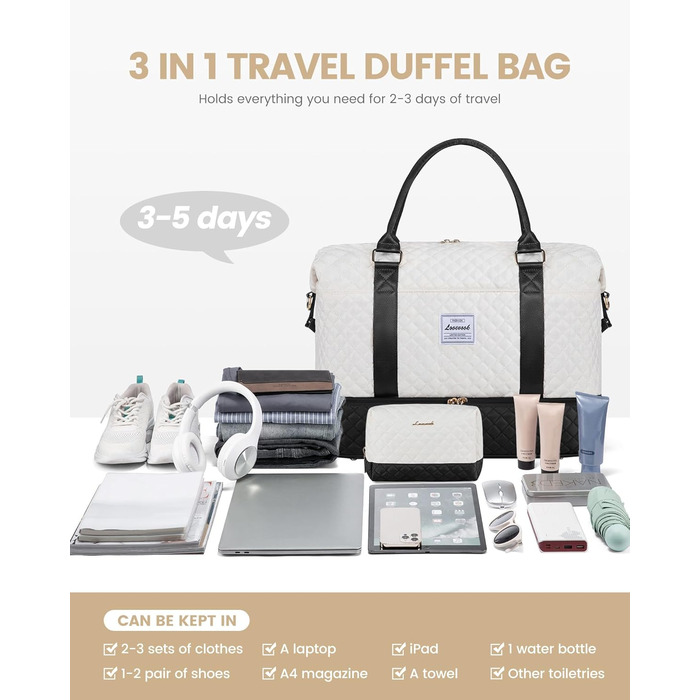 Спортивна сумка LOVEVOOK для жінок з відділенням для взуття, ручна поклажа, дорожня сумка, сумка для вихідних, містка для спортзалу, пляжу, подорожей, пологів (L-2шт, Бежевий, Чорний)