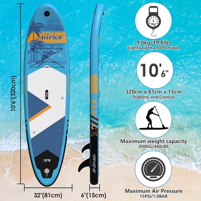 Надувна SUP-дошка ALLPICK Premium, 180 кг, з камеротримачем, веслом і аксесуарами, для початківців і досвідчених, синя для океану