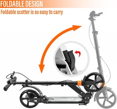 Самокат Kickscooter для дорослих і дітей, з амортизацією, 200 мм колеса, складаний, регульована висота, міський, з ручним і ножним гальмом