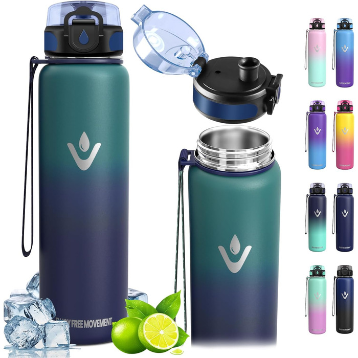 Термос-пляшка Vikaster 500 мл/1000 мл, нержавіюча сталь, BPA-Free, для спорту, подорожей, фітнесу (чорний & винно-червоний, армійсько-зелений & морський блакитний)