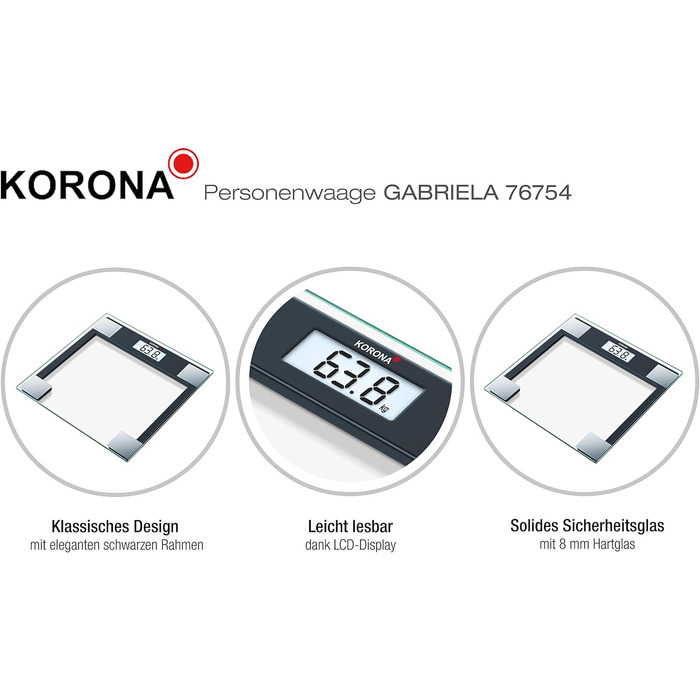 Скляні ваги Korona GABRIELA 150 кг, LCD, автоотключення, батарейки