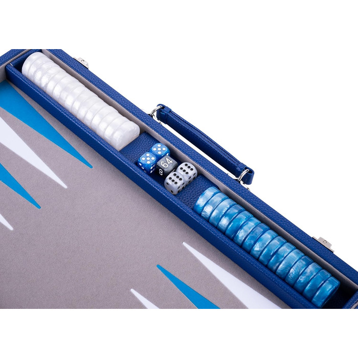 Набір для гри в кістки Енгельхарт Люкс 38 см - преміум якість, шкірозамінник, спеціальне покриття з фільцу, перламутрові кубики та фішки + 2 стаканчики - професійний та для дому, блакитний