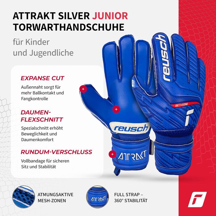 Воротарські рукавички Reusch Attrakt Silver Junior для дітей | Розміри 3-8 | Сріблястий латекс для ідеального зчеплення | Ергономічний дизайн для маленьких рук | Міцні для тренувань та гри