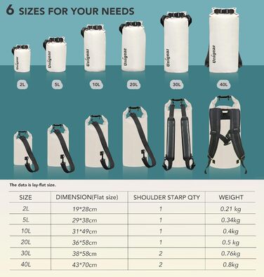 Водонепроникний мішок Unigear Dry Bag 2L/5L/10L/20L/40L – рюкзак, сумка, мішок для каяку, риболовлі, кемпінгу, пляжу з кишенею для телефону та ременями