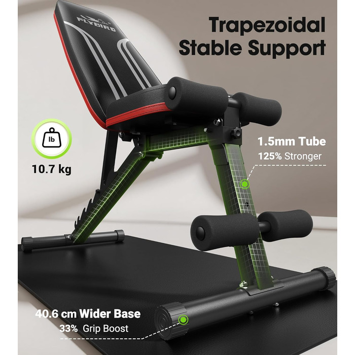 Тренувальна лава FLYBIRD багатофункціональна, 8 положень спинки/3 положення підніжки, вантажопідйомність 300-318 кг, складана, для дому, чорно-червона