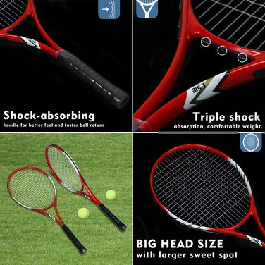 Тенісний набір для 2 гравців, для початківців, попередньо натягнутий, 68 см, легкий набір для жінок та чоловіків, з тенісними м'ячами, overgrip та сумкою Red-T216