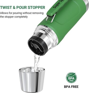 Термос Super Sparrow з нержавіючої сталі 1 л, зелений, BPA-free, герметичний, кришка-чашка, для спорту та подорожей