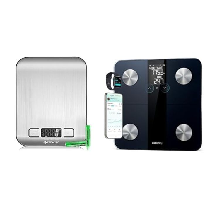 Кухонні ваги Etekcity 5 кг з LCD-дисплеєм, нержавіючою сталею, точність 1 г, функція тарування, вимірювання рідини, сріблясті + Ваги Etekcity для тіла з Bluetooth, визначення жиру, підтримка BMI, м'язової маси, XL Di AC-технологія