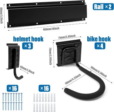 Настінний тримач для велосипедів Sinoer на 6 велосипедів та 5 шлемів, з гачками для зберігання інструментів, регульований для гаража або дому, вертикальний тримач (внутрішня ширина: 90 мм), 3 рейки, 6 велосипедів, 16 дюймів