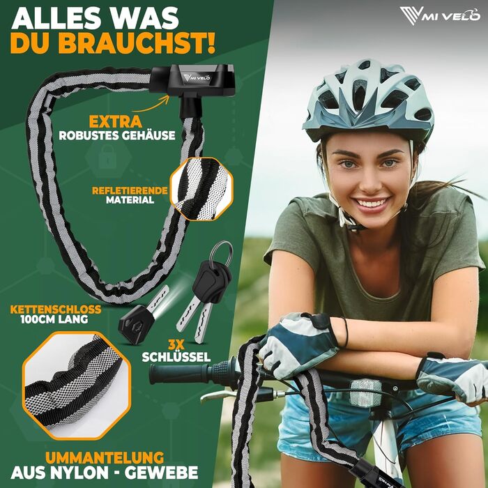Замок для велосипеда MIVELO Kettenschloss: висока безпека, 100 см, сталь 8 мм, з ключем та LED-ліхтариком | Захист для E-bike, MTB, шосе
