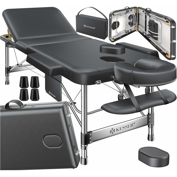 Масажне ліжко KESSER® з 3 зонами, до 250 кг, складане, регульоване, з аксесуарами (підголівник, підлокітники, сумка), антиковзне покриття, 61 см