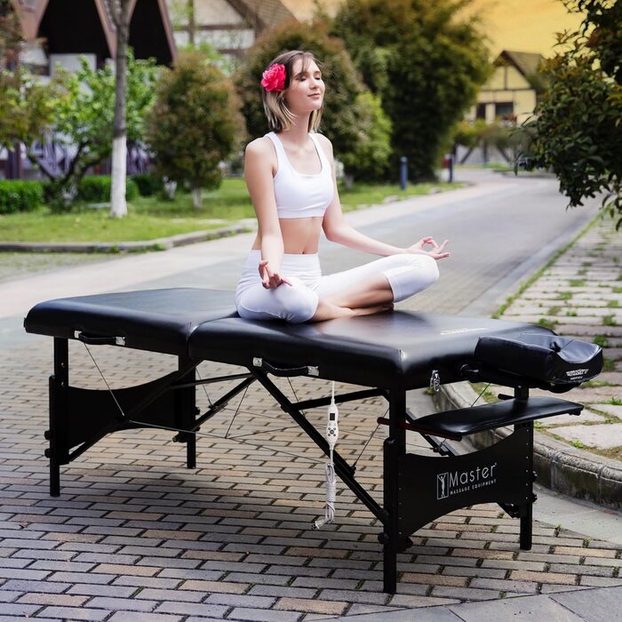 Складаний масажний стіл Master Massage Galaxy 76 см з підігрівом ThermaTop, дерев'яні ніжки, косметологічна кушетка, переносна, чорний, у комплекті сумка