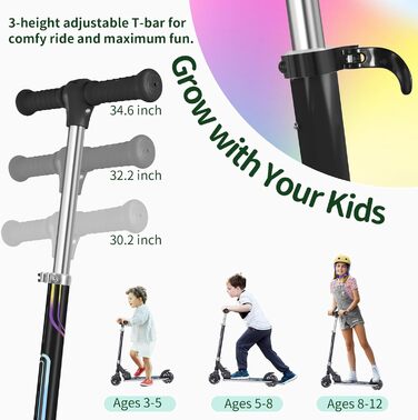 Белеїв V2 Роликовий Самокат для дітей 3-12 років з LED-підсвічуванням, регульованою висотою та заднім гальмом, складний, чорний