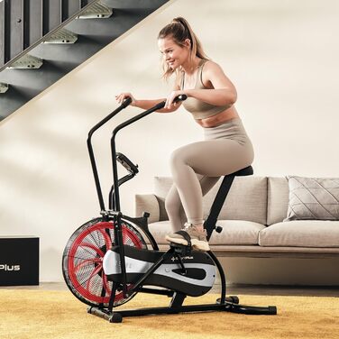 Велотренажер SportPlus Air Bike з повітряним опором, сумісний з додатком, для HIIT, домашній фітнес, підсвічування дисплея, навантаження до 100 кг, чорний/червоний, не підтримує додатки