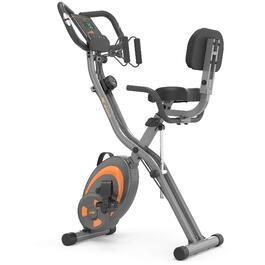 Велотренажер Leike Fitness складаний, домашній, багатофункціональний, з 12 рівнями навантаження, пульсометром, гумовими еспандерами, сірий