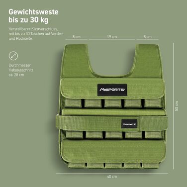 Вага для тренувань MSports Premium, регульована 5-30 кг, жилет для бігу/фітнесу, чорний Military Green