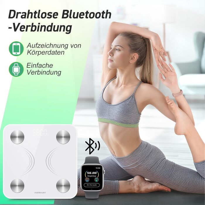 INSMART Розумні ваги для людей з Bluetooth, вимірюванням ІМТ, жиру, пульсу, м'язової маси, води, білка, скелетних м'язів, кісткової маси, BMR