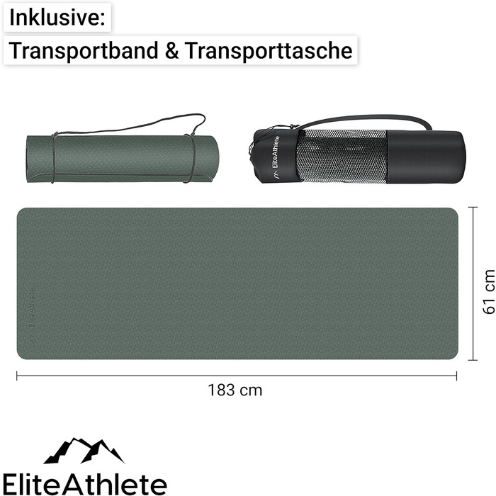 Килимок для йоги EliteAthlete 183×61×0,6 см, нековзкий, з ременем і сумкою, для фітнесу, пілатесу, тренувань, Deep Forest