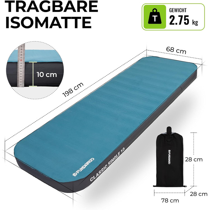 Килимок для кемпінгу Fundango самонадувний, 9.5 R-значення, піна-пам'ять, 10 см товщина, 3D посилені боковини, м'яка оксамитова поверхня, для намету, подорожей на авто (одинарний та подвійний розмір)