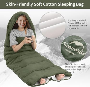 Сплячий мішок Naturehike з капюшоном, ковдровий спальник для кемпінгу, легкий та зручний, ідеальний для відпочинку на природі та подорожей, армійного кольору (7~11°C)