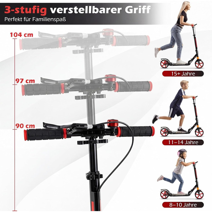 COSTWAY Розкладний самокат для дітей та дорослих, чорний. Регульована висота, дзвінок, підставка, ремінь для перенесення, до 100 кг