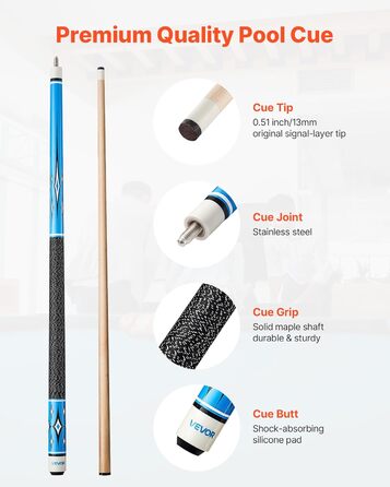 Кю (біліардна палиця) VEVOR, 147.3 см, з багатошаровим наконечником, ABS-з'єднувальний кільце, для професійного більярду, бару, дому, офісу (канадський клен, 4-секційна)