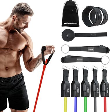 Стрічки для фітнесу SKINHAWK Premium: 5 еластичних стрічок, набір для тренувань з ручками, манжетами, сумкою та кріпленням для дверей. До 150lbs.