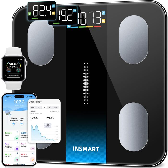 Ваги InSmart для тіла з Bluetooth: вимірювання ваги, жиру та складу тіла. Цифрові ваги з великим дисплеєм, синхронізація з додатком - Чорні