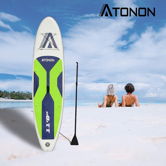 Надувний SUP (Stand Up Paddle Board) ATONON GREEN з аксесуарами | Для початківців, підлітків та дорослих | Широкий, з антиковзким покриттям та нижніми плавниками для контролю в серфінгу