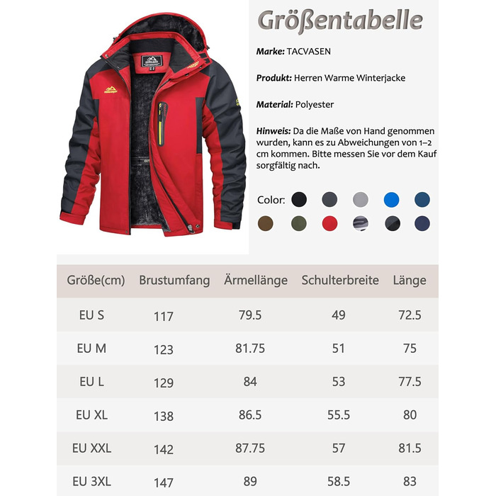 TACVASEN чоловіча тепла зимова куртка з капюшоном, водонепроникна, червона