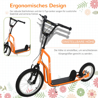 Дитячий самокат HOMCOM від 5 років Kick Scooter City Scooter з пневматичною шиною 16 дюймів Передній 12 дюймів Задній Помаранчевий 135x58x88-94 см
