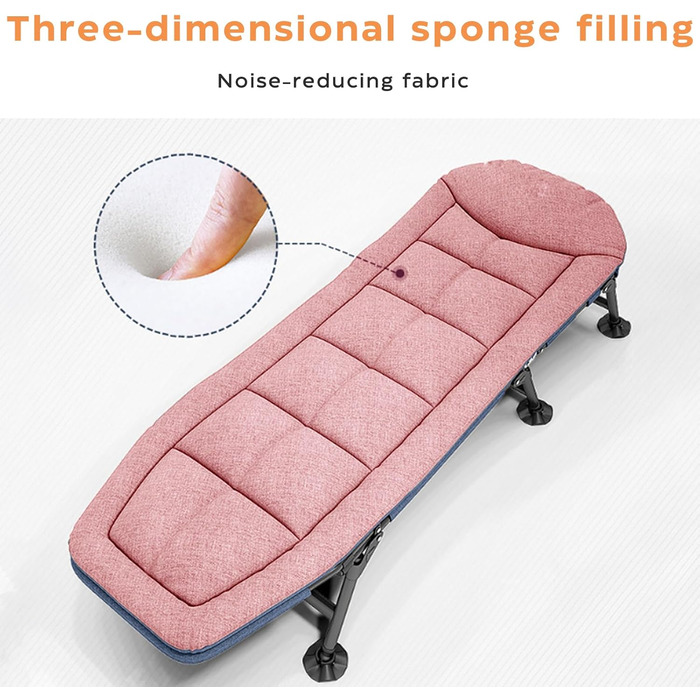 Кемпінгове ліжко AlpineAura: широке, складане, 190x65x30 см, 6 положень, для відпочинку на природі, пляжі, саду (рожеве)