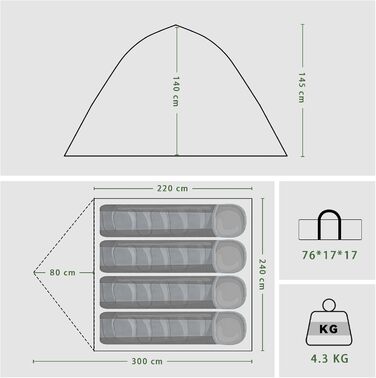 Намет для кемпінгу з тамбуром, намет для 2-4 особи, водонепроникний PU5000, для відпочинку, подорожей, трекінгу, саду, куполоподібний, ультралегкий, рюкзак, 2025, армійний зелений (Pop Up)
